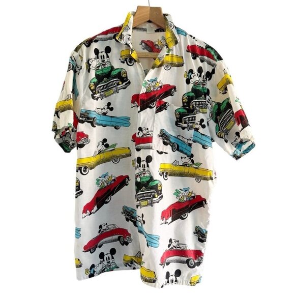 VTG 80s Men's Sz M Disney Mickey & Minnie Mouse Driving in Cars Button Up Shirt - Picture 1 of 9
